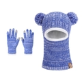 Navy blue winter knit set featuring pom-pom hat with earflaps and touch gloves - Two-tone Royal Blue
