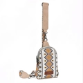 Bohemian canvas crossbody chest bag with geometric diamond patterns and PU leather straps - White