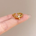 Adjustable golden S925 silver ring featuring vintage cross motif and clear zircon stone - Cross Flower