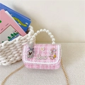 Pink tweed girl's princess handbag with pearls, rabbit patch, and gold chain strap - Pink Rabbit