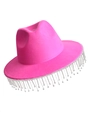 Detailed close-up of neon pink cowboy hat with sparkling silver crystal fringe on brim - Pink Tassel Style