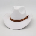 Detail of white felt cowboy hat with brown leather band and golden ring buckle - One Size / White (With Brown Belt)