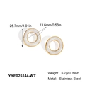 Detail view of gold stainless steel hoop earrings with white marble inlay and measurements - White