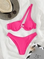 Vibrant pink one-shoulder ribbed bikini set with underwire support and side cut-out detail - XS / Rose Red