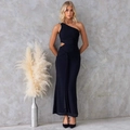 Elegantes schwarzes One-Shoulder-Maxikleid mit Cut-out und gerafften Details - S / Schwarz