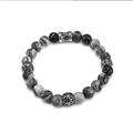 Men's retro volcanic stone bead bracelet with engraved silver-tone steel charms - Green Spot Stone