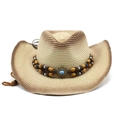 Dettaglio cappello di paglia western con fascia etnica di perline in turchese e legno - M (56-58cm) / Beige + Cachi