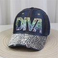 Close-up of denim baseball cap featuring rainbow DIVA sequins and rhinestone brim detail - Style 42-Deep Blue DIVA Rainbow Sequins
