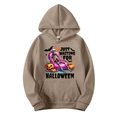 Khaki Halloween hoodie with skeleton and pumpkin prints and front pocket - Camel