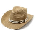 Detailaufnahme vom Stroh-Cowboyhut mit schwarz-weißem Karoband-Verzierung - M (56-58cm) / Khaki