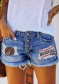 Close-up of distressed denim shorts with baseball mom print and frayed hem detail - Baseball Letter Print