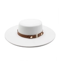 White wool felt flat top bolero hat with brown leather belt and gold buckle accents - M(56-58cm) / White