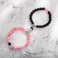 Magnetic couples bracelets with natural matte black and pink marble stone beads - Rhodochrosite Black Matte Heart B&W