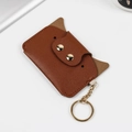 Porte-cartes chat en cuir marron avec rivets dorés et anneau porte-clés à ressort - Brun Foncé