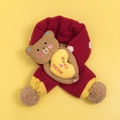 Toddler red knitted scarf with yellow trim featuring a plush bear and brown pom-poms - Red-Scarf