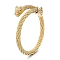 Men's golden wolf head cable bangle with twisted steel wire design and open cuff - Dragon Head / Gold