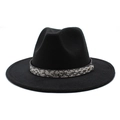 Close-up of black wool fedora featuring snake print band and golden metal buckle - M (56-58cm) / Black