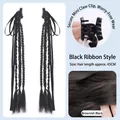 Brownish black ribbon hair clip extension with 45cm long braids and butterfly bow knot - Ponytail Clip with Black Ribbon / 45CM / Pair / Calico