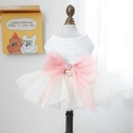 Cute white lace pet wedding dress with a large pink bow and heart jewel for small dogs - Vivi Wedding Dress
