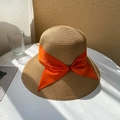 Beige wide-brim straw sun hat featuring a vibrant orange ribbon with a large decorative bow - M(56-58cm) / Orange