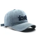 Vintage light blue denim baseball cap with embroidered Back lettering and curved brim - Light Blue