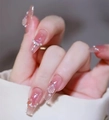 Pink ombre coffin press-on nails with 3D roses, pearls, and sparkling glitter accents - Pink Ombre Elegant Flower (N5272)