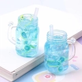 Miniature blue mason jar keychain model with fake ice cubes and lemon slices inside - Lake Blue Straw Cup