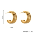 Golden 18K gold plated stainless steel C-shaped earrings with wavy texture, 20.6mm height - Three-Wave Groove C-Shape Earrings (STE24444-GO)