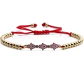Adjustable red woven bracelet with golden beads and pink Hamsa Evil Eye charms - Hamsa Hand / Pink Enamel