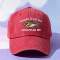 Detail of red washed baseball cap featuring colorful fish embroidery and slogan - One Size / Red