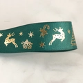 Dark green Christmas ribbon with gold reindeer and snowflake patterns on ribbed fabric - 2.5cm Reindeer Green / 22 Meters