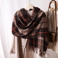 Detail of soft plaid scarf with fringe in brown and beige draped over a coat - 200x65cm / Brown & Orange Plaid (WT98-8)