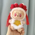 Miniature Labubu doll clothes with yellow apron and red hair bow accessory - Gold Thread Bellyband Set / First And Second Generation Keychains Are Compatible With La Cloth Dolls. Dolls Not Included.
