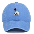 Detail of embroidered skull and red rose on vintage blue washed denim baseball cap - Light Blue