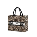 Bolso tote de yute con estampado de cebra, asas negras y detalle de texto LOVE - Cebra Cinta LOVE