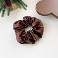 Glossy dark brown leather scrunchie elastic hair band for women in autumn style - Medium / Caramel color