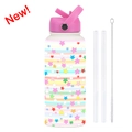Borraccia sportiva in acciaio bianco con stelle arcobaleno, tappo rosa, cannucce e spazzola - Bianco Avorio 23W1