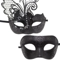 Set of two black laser-cut butterfly masquerade masks with rhinestones and glitter - Black Couple Butterfly Mask And Half Face Mask