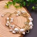 Baroque freshwater pearl bracelet with gold metal charms and adjustable lobster clasp - White Double Layer Baroque Pearl Bracelet