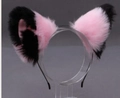 Pink and black furry cat ear headband on a clear acrylic stand for cosplay - Pink and Black