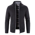 Men's black fleece-lined zip-up knit cardigan with stand collar and gray plaid lining - M / Black