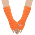 Detailed knit texture of orange fingerless arm warmers with thumb hole design - One Size / Orange