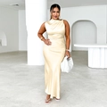 Elegant champagne satin fishtail maxi dress with a slim fit and shoulder-baring design - S / Champagne
