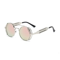 Steampunk round sunglasses with silver metal frame and pink-green gradient lenses - Silver Frame Sakura Pink