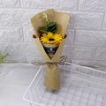 Detailed view of artificial sunflower bouquet with eucalyptus in kraft paper wrap - Bronze