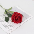 Vibrant red faux velvet rose with green stem placed on an open magazine - Large Velvet Deep Red