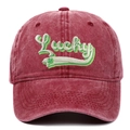 St. Patrick's Day distressed washed red baseball cap with green Lucky embroidery - Adjustable / Burgundy