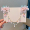 Pink and blue floral hair clips with white tassel beads for traditional costume - 445--4