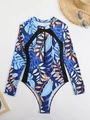 Détail du maillot de surf à manches longues avec imprimé tropical et zip frontal - S / Bleu