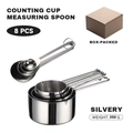 Set da 8 pezzi di tazze e cucchiai dosatori in acciaio inox argento con confezione - Set di 8 Tazze e Cucchiai Misuratori con Manico in Filo d'Argento in Scatola